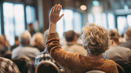 A woman raises her hand in a meeting, a gathering of people seated in chairs, ready to engage in discussions. Education, senior adults, civic engagement, volunteering, democracy.