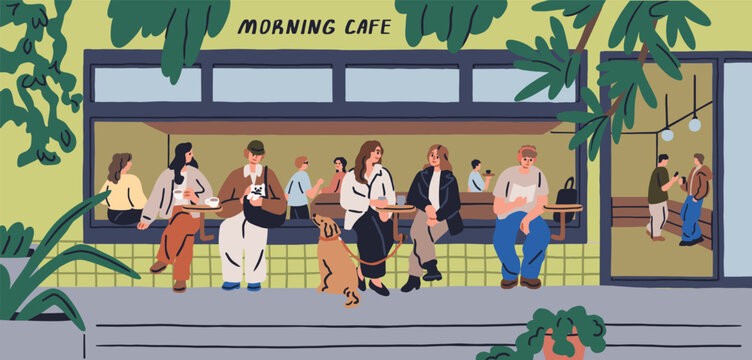 Outdoor cafe terrace. People sitting outside at dining tables, drinking, talking in morning. Modern men and women relaxing in cozy urban coffee shop at leisure time. Flat vector illustration