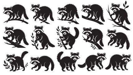 Raccoon Silhouettes in Various Poses with Leaves and Branches in Black and White Illustration for Wildlife Art