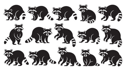 Raccoon Silhouettes in Various Poses in Black and White Illustration for Wildlife Design
