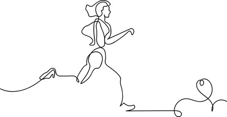 Sport running woman on white background. Continuous line drawing of a determined woman running, capturing the essence of movement and fitness. A striking continuous line drawing portrays a woman