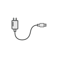 Simple line drawing of a white power adapter with a gray USB cable connected to it, on a light gray background