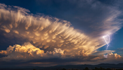 Dramatic storm cloud with lightning and swirling mammatus clouds over mountains.
