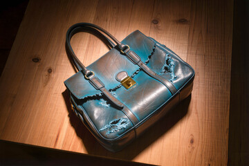 Overhead shot of a distressed turquoise bag with a torn texture and gold hardware. Dramatic lighting on the natural wood surface creates a moody atmosphere.