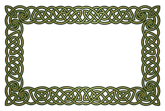 Green and gold celtic knot pattern forming a rectangular border or frame element for decoration and design on St. Patricks Day.