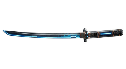 Black cyber katana with glowing blue circuit pattern. High-tech sword.