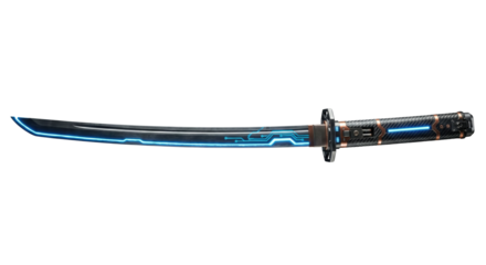 Black cyber katana with glowing blue circuit pattern. High-tech sword.