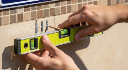 DIY enthusiast using a level tool to perfectly align house number plaque anchors on a tiled exterior wall before installation.