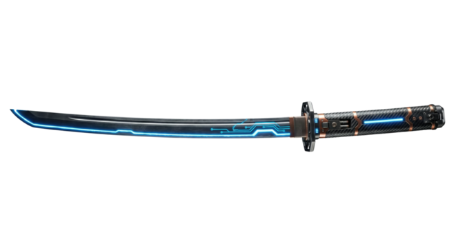 Black cyber katana with glowing blue circuit pattern. High-tech sword. - Powered by Adobe