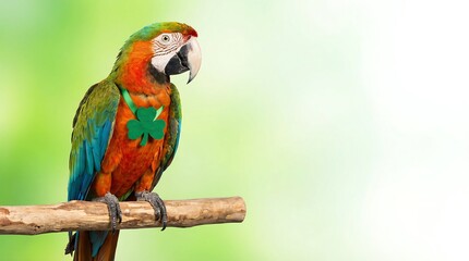 Fototapeta premium Colorful parrot bird wearing a green shamrock for St. Patricks Day celebration. Festive animal for seasonal design and holiday messaging.