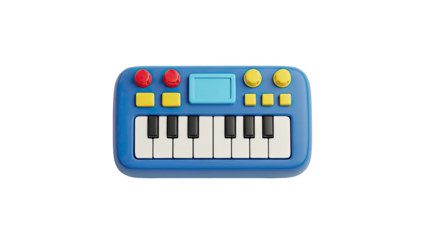 Blue toy keyboard with red and yellow buttons