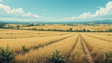 A simple agricultural plain landscape illustration background with irrigation lines and open sky