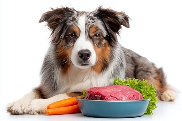 Australian shepherd enjoying a bowl of raw meat and fresh vegetables for a healthy diet