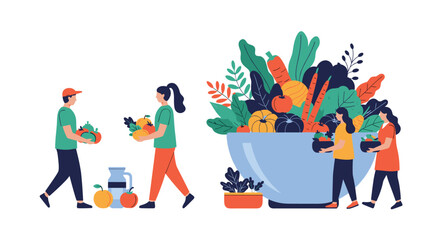 Diverse group of people carrying fresh produce and working together around a giant bowl filled with various healthy vegetables.