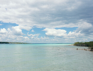 Bacalar lagoon water showing vivid color gradients in bacalar,mexico