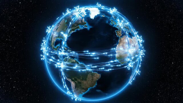 Rotating Earth in Space with Glowing Fiber Optic Network Lines 3D Render