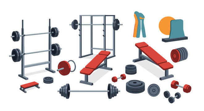 Detailed set of gym and fitness equipment icons including barbells, weights, benches, and machines for strength training exercises. - Powered by Adobe