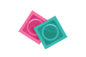 Illustration of two square condom packages in pink and teal colors representing contraceptive options for couples and safe sex isolated on transparent background