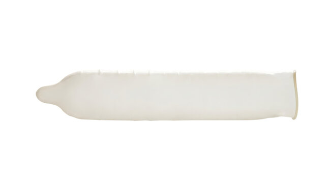Horizontal view of a fully unrolled white latex condom used for contraception and disease prevention isolated on transparent background