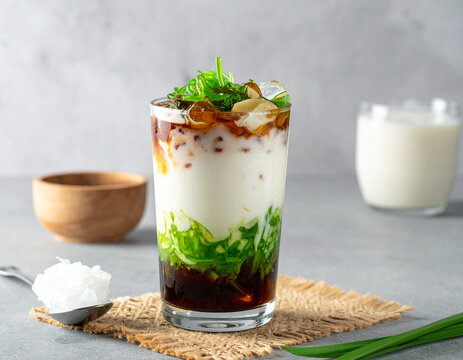 Traditional Indonesian Es Cendol Dessert Drink with Pandan Jelly and Ice
