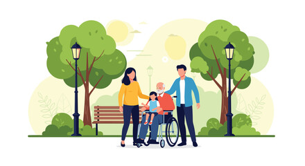 Supportive family with a young child taking a walk in a sunny park with an elderly man sitting in a wheelchair.
