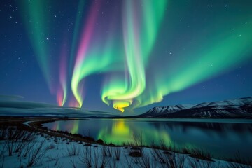 A stunning display of the aurora borealis illuminates the night sky with vibrant green and purple hues, reflecting on a tranquil lake surrounded by snow-capped mountains.