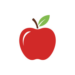 Iconic bright red apple vector graphic featuring a crisp green leaf and brown stem, representing vitality, wholesome diet, and fresh produce for a healthy lifestyle