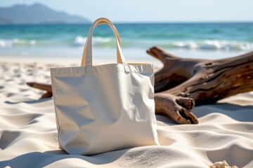 A stylish tote bag rests on the sandy beach, with gentle waves and distant mountains creating a serene coastal backdrop.