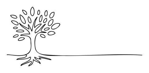 Simple continuous line drawing of a growing tree with roots and abundant leaves, symbolizing nature, ecology, and organic growth for environmental education and sustainable branding