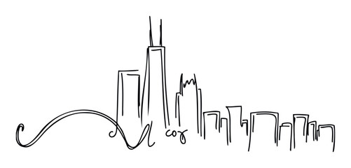 Contemporary handdrawn metropolitan skyline featuring a prominent tall skyscraper and surrounding buildings with a decorative written phrase, ideal for urban event promotions, publication