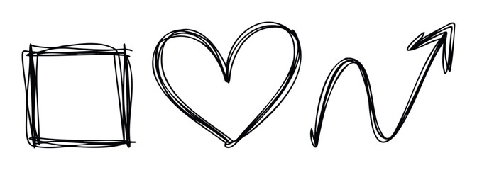 Handdrawn doodle graphic elements including a square, heart, and upward arrow, ideal for engaging social media content, creative presentations, and contemporary digital design projects
