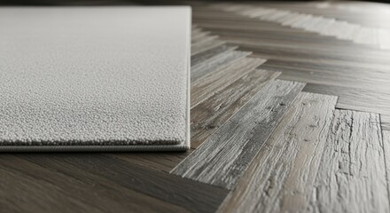 Contrast between smooth modern rugs and rugged reclaimed wood herringbone floor emphasizing texture diversity in decor.