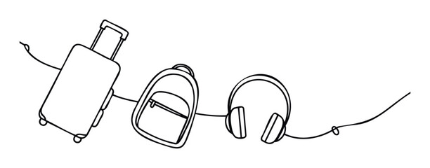 Continuous line drawing illustrating essential travel gear including a rolling suitcase, backpack, and headphones, perfect for marketing travel services, vacation promotions, or luggage