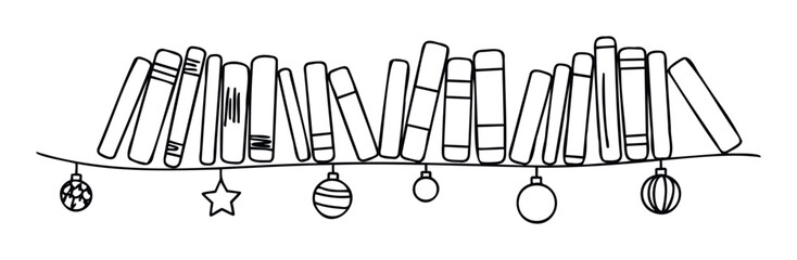 Doodle line drawing of an assorted collection of books arranged on a shelflike line with hanging Christmas ornaments suitable for festive holiday marketing or reading celebration events