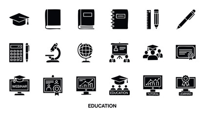 Comprehensive collection of education themed glyph icons representing learning tools academic achievements and online courses ideal for educational platforms applications and digital content