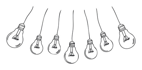 Hand drawn light bulbs hanging in an arc representing creative inspiration and new ideas for business presentations or educational materials