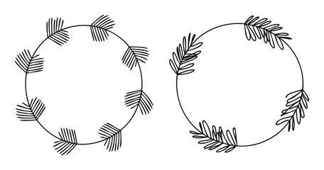Elegant hand drawn botanical round frames with natural leaf ornaments ideal for creating unique branding elements, wedding invitations, greeting cards, and social media graphics