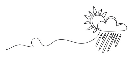 A simple single line drawing depicting the sun peeking from behind a cloud with rain falling, symbolizing weather conditions perfect for forecast graphics or educational presentations