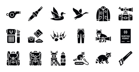 Collection of essential hunting equipment and wildlife icons for outdoor sports, nature exploration, and survival guides, perfect for various digital and print applications