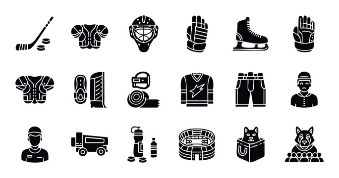 A comprehensive collection of ice hockey equipment, player symbols, and stadium elements for sports app interfaces and graphic design projects