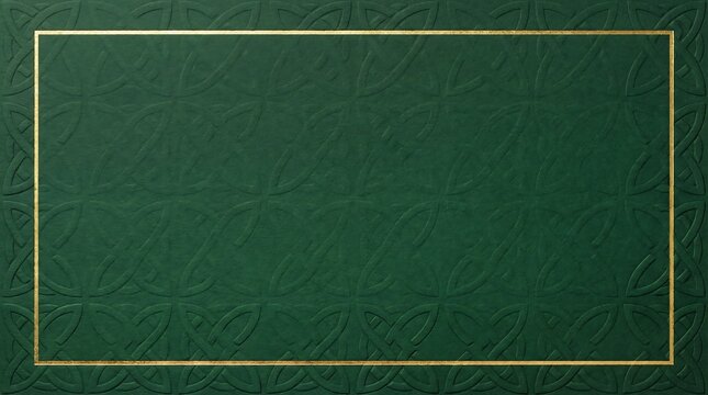 Green embossed celtic knot pattern background with gold frame. Elegant decorative template for St. Patricks Day celebration or certificate design.