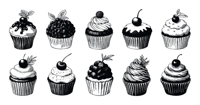 Collection of handdrawn vintage style cupcakes with various toppings perfect for bakery menus dessert shop branding and sweet treat advertising materials - Powered by Adobe