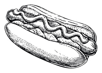 Detailed sketch of a delicious hot dog in a classic bun topped with savory mustard ideal for street food marketing culinary graphics and snack related ventures