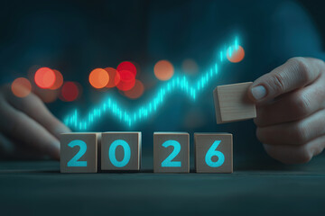 Hands arrange glowing 2026 blocks beside upward trending graphs and bokeh lights.