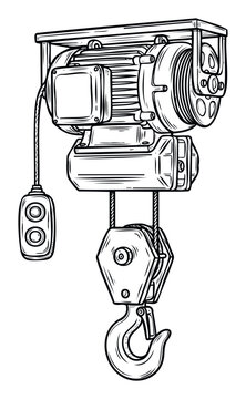 Detailed industrial electric hoist and hook system line drawing depicting heavy lifting machinery for engineering schematics, factory equipment, and material handling operations