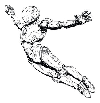 Futuristic humanoid robot flying through space with arms outstretched, conveying motion and technological advancement, ideal for science fiction media, game assets, or educational materials