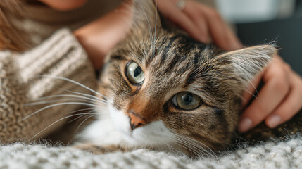 gentle cat pet care moment, loving pet wellness and paw care, soft pet care bonding scene
