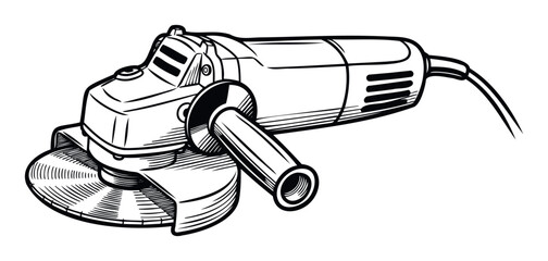 Single line drawing of an essential electric angle grinder tool, ideal for emphasizing craftsmanship, industrial work, or home improvement concepts in various media.