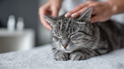 gentle cat pet care moment, loving pet wellness and paw care, soft pet care bonding scene
