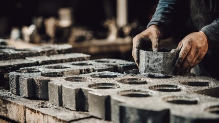 Medium shot of a skilled worker manually shaping sand molds with precision for aluminum casting in a workshop environment.